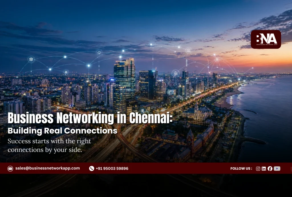 Business networking platform banner with professionals, mobile app interface, and growth metrics