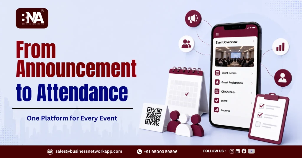 Event Management feature in Business Network App with QR code check-in and attendance tracking