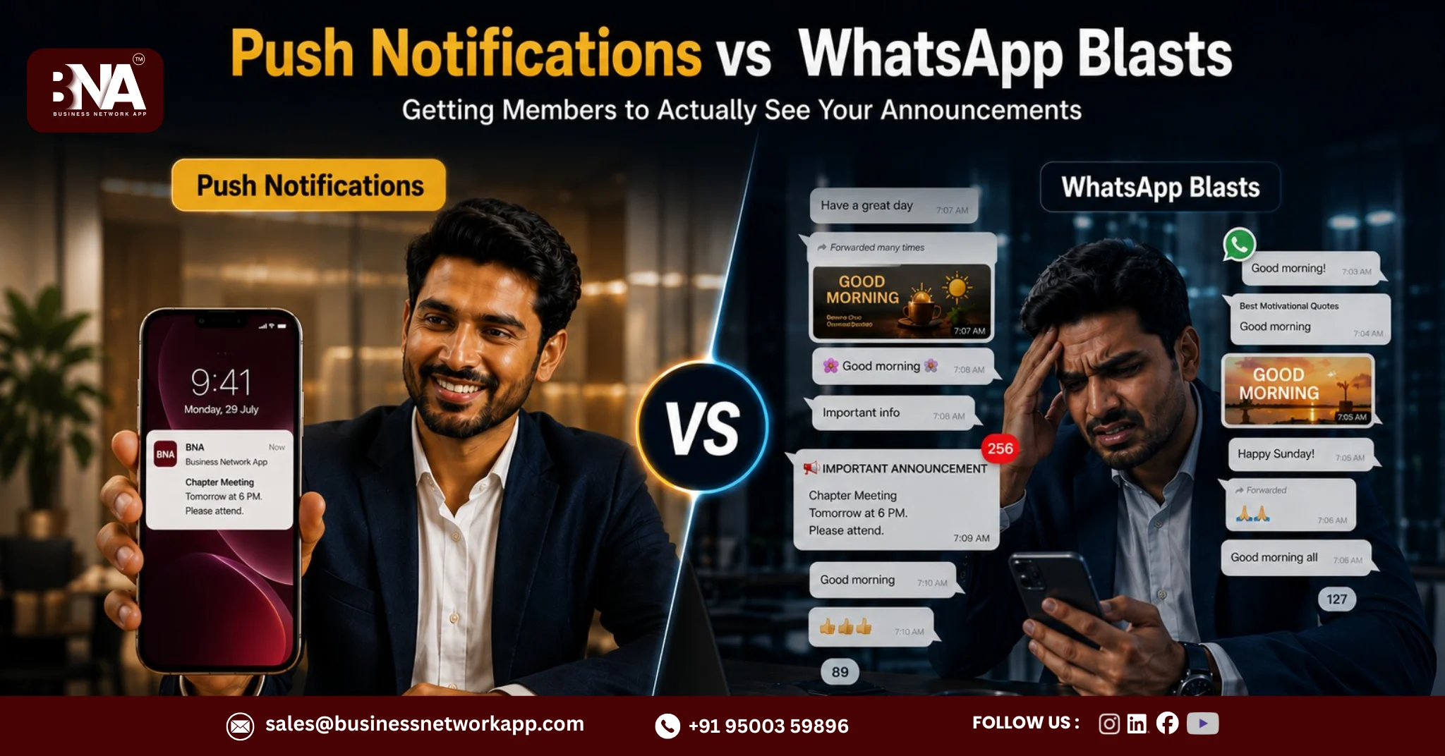 Push Notifications vs WhatsApp Blasts comparison in Business Network App for chapter announcements